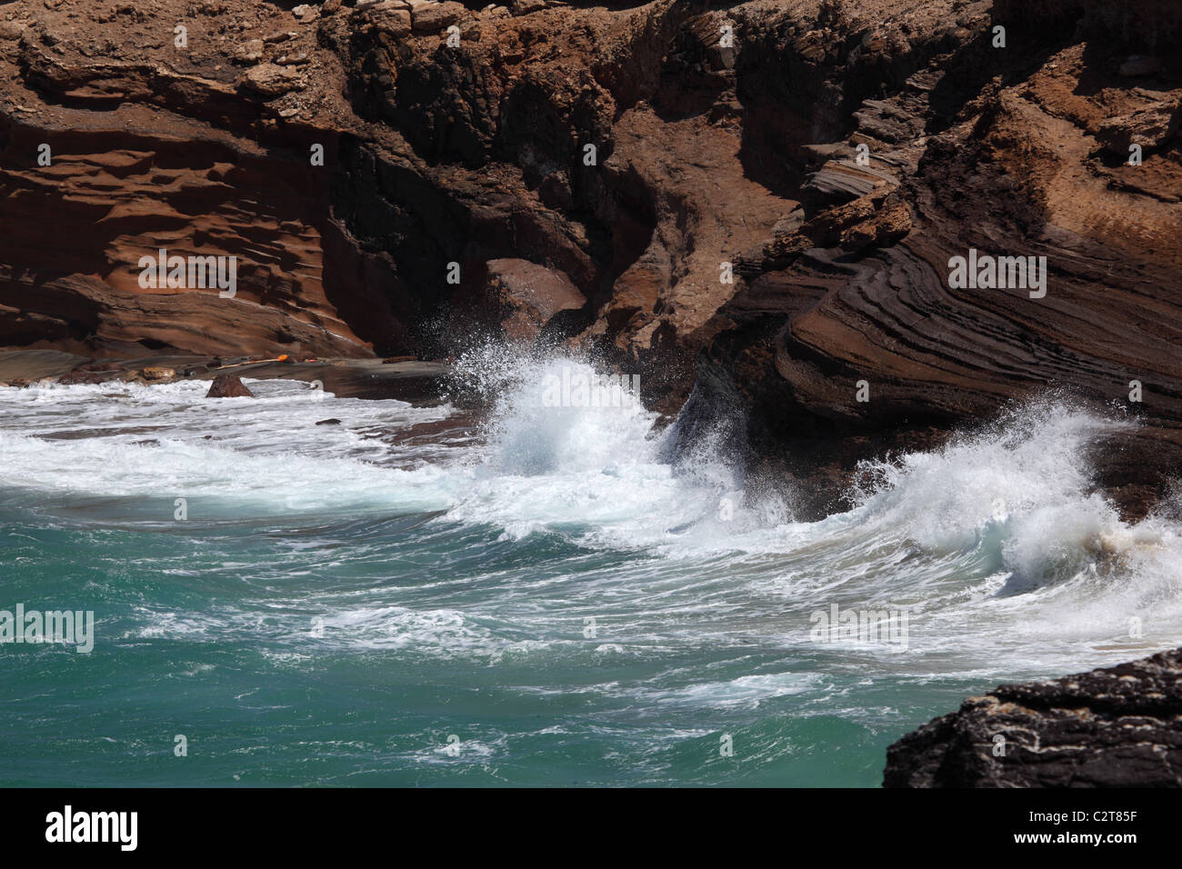 Große Wellen an der felsigen Küste von Fuerteventura Stockfoto