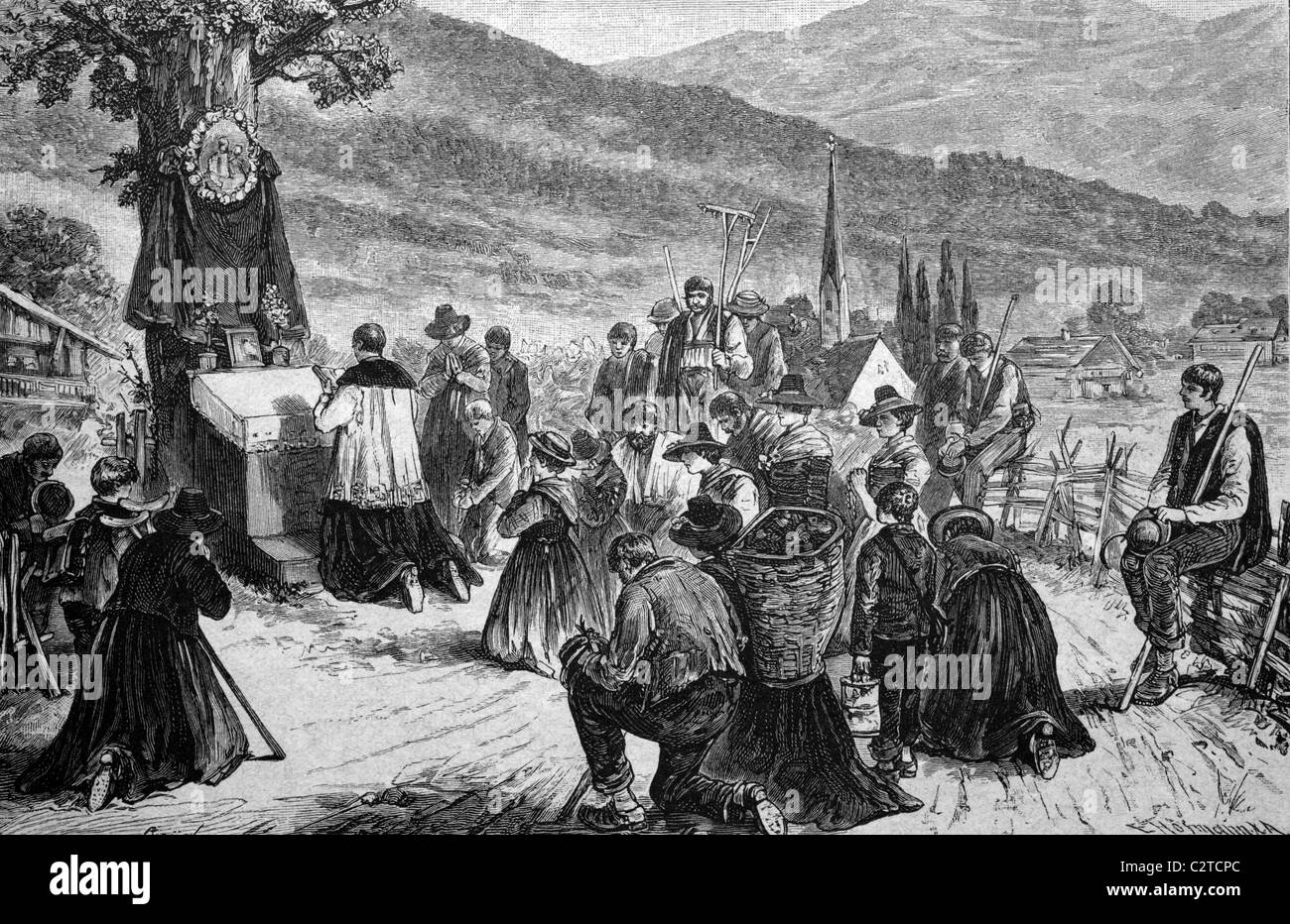 Gebet in der Zillertal-Tal, Österreich, historische Abbildung, ca. 1886 zu ernten Stockfoto