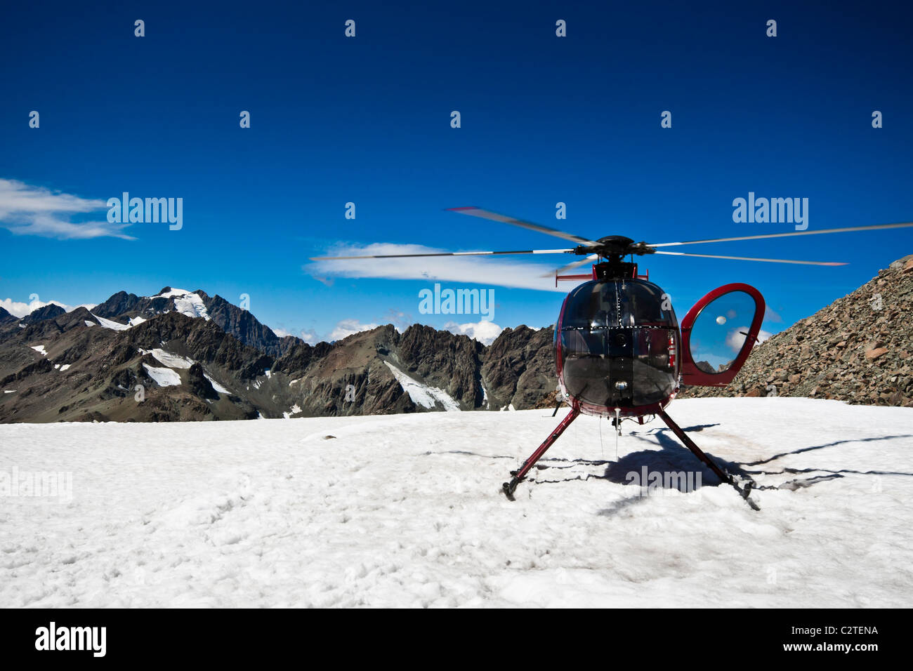 Helikopter auf dem Gipfel des Mount Cook. Südalpen, West Coast, Südinsel, Neuseeland. Stockfoto