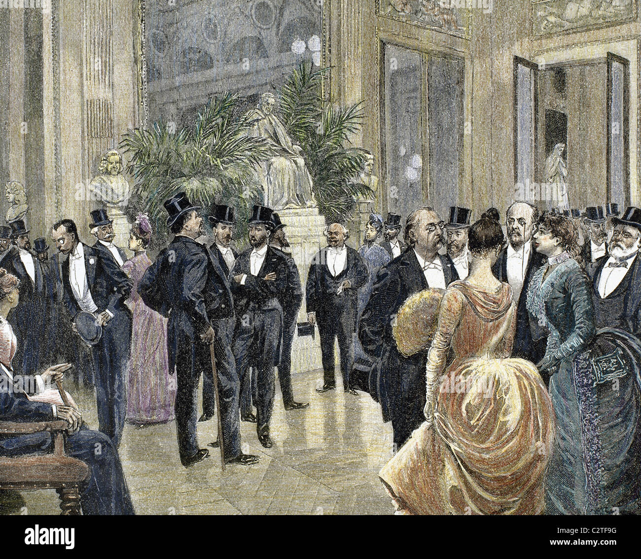 Bürgerlichen Familien im Foyer des Theaters Francais. Farbiger Kupferstich aus dem Jahr 1885. Stockfoto