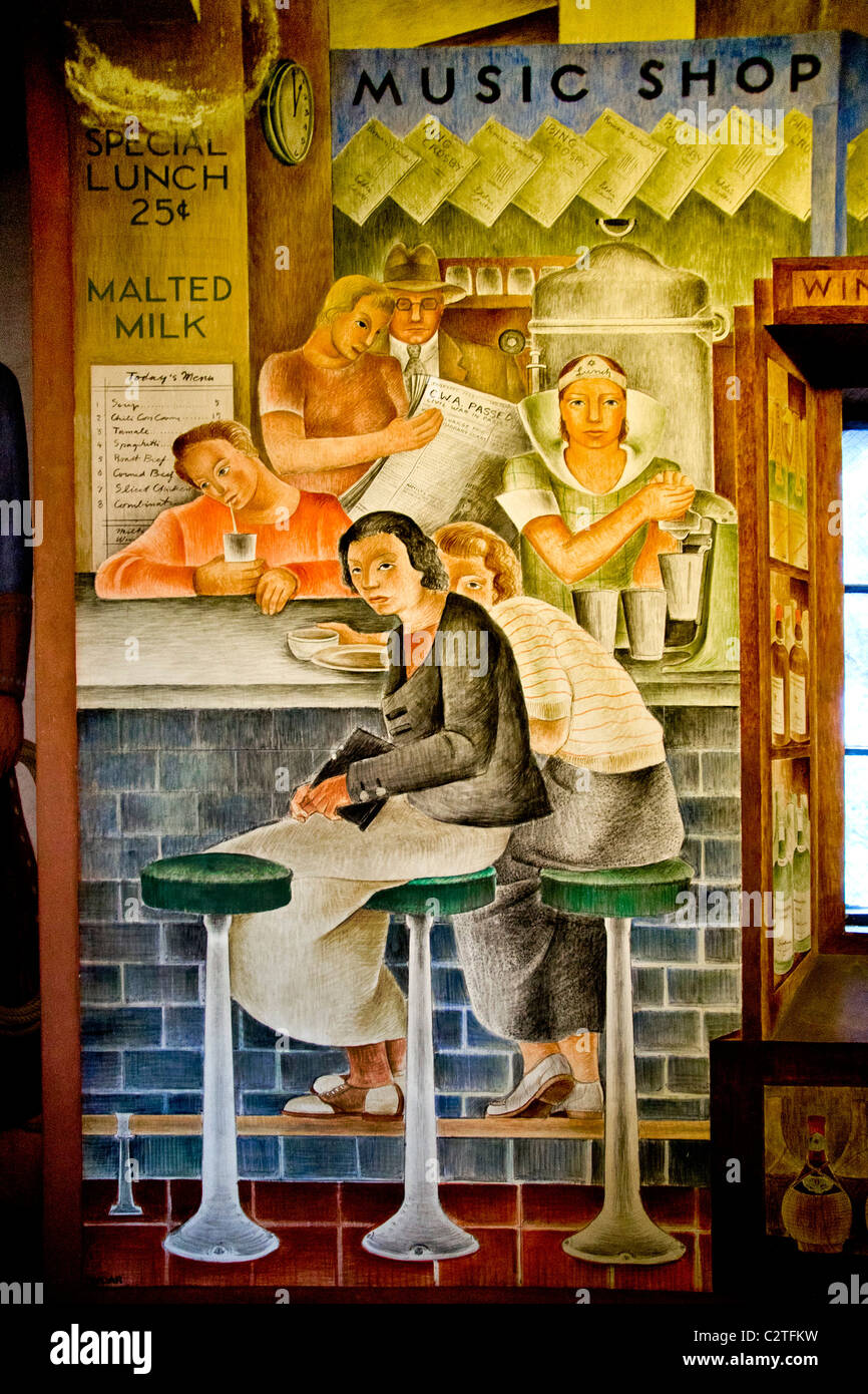 Gegründet 1934 Künstlers Frede Vidar ein Fresko Depictis großer Tiefstand-Ära Frauen an einem Kaufhaus-Mittagessen-Schalter. Stockfoto