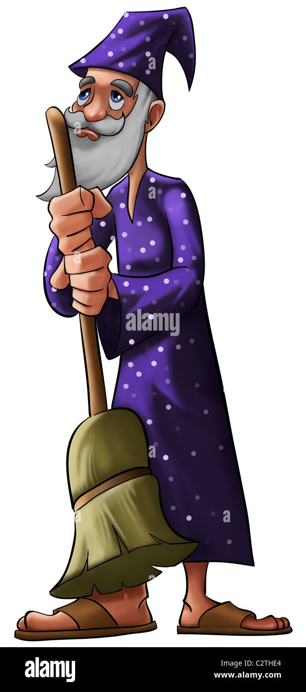eine alte Zauberer mit einem lila Hut und Besen Stockfoto