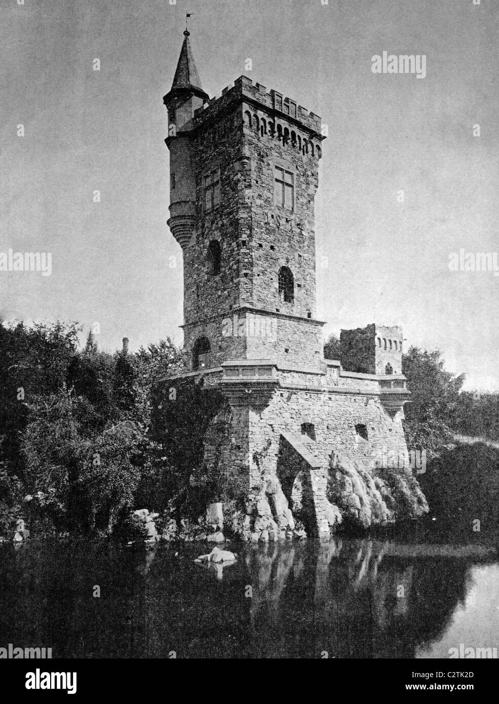 Frühe autotype der Binger Maeuseturm Tower, UNESCO-Weltkulturerbe, Bingen am Rhein, Rheinland-Pfalz, Deutschland, histo Stockfoto