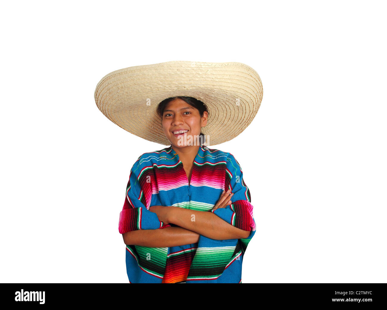 Lateinischen mexikanischen Sombrero hispanische Poncho Frau isoliert auf weiss Stockfoto