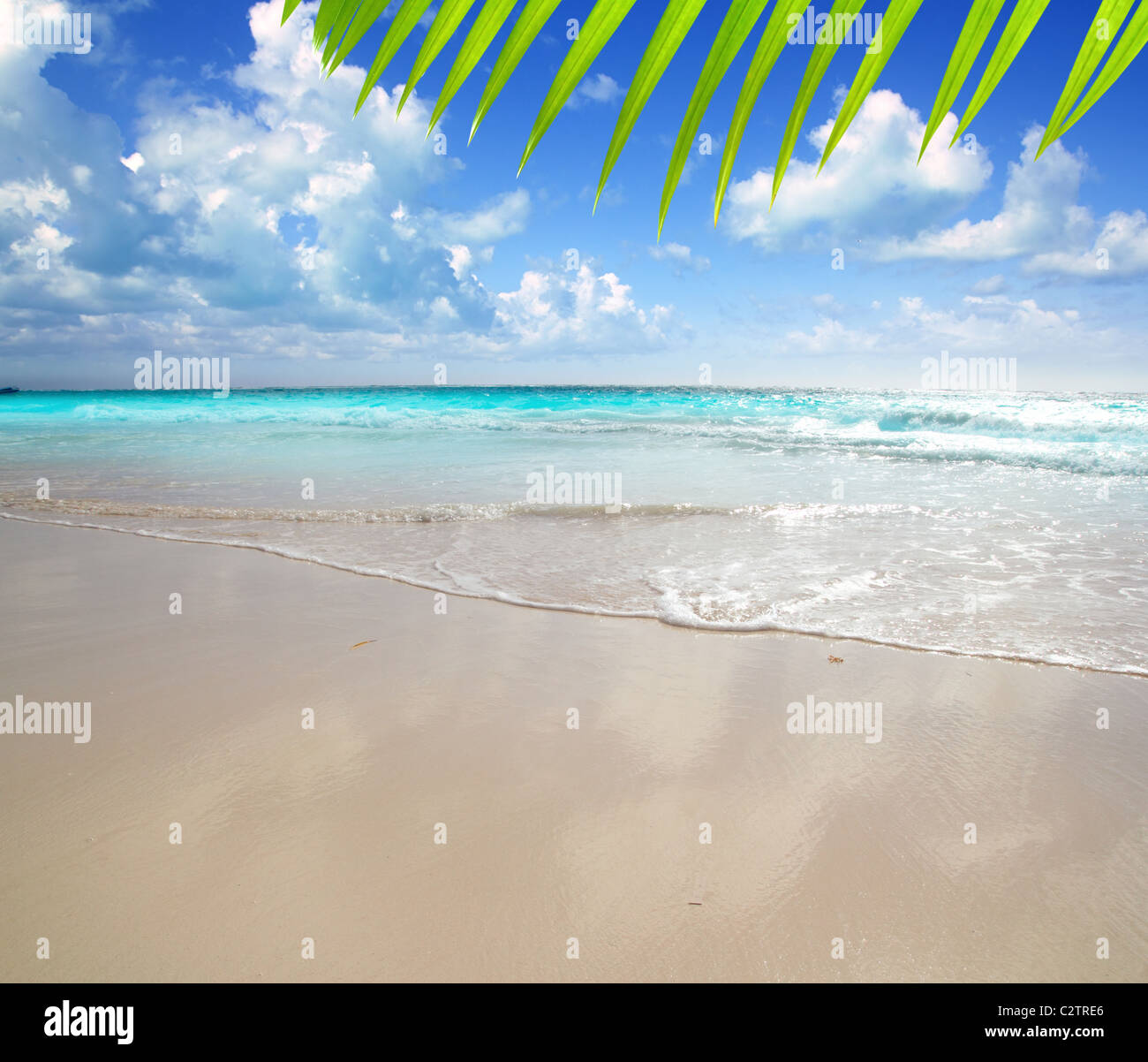 karibischer Morgen Licht Strand nassen Sand Reflexion Tulum Mexiko Stockfoto