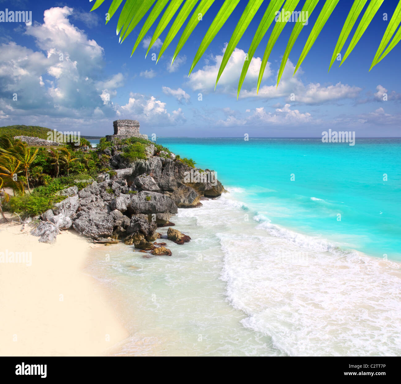 alte Maya Ruinen Tulum Karibik türkisfarbenen Meer direkte hohe Sicht Stockfoto