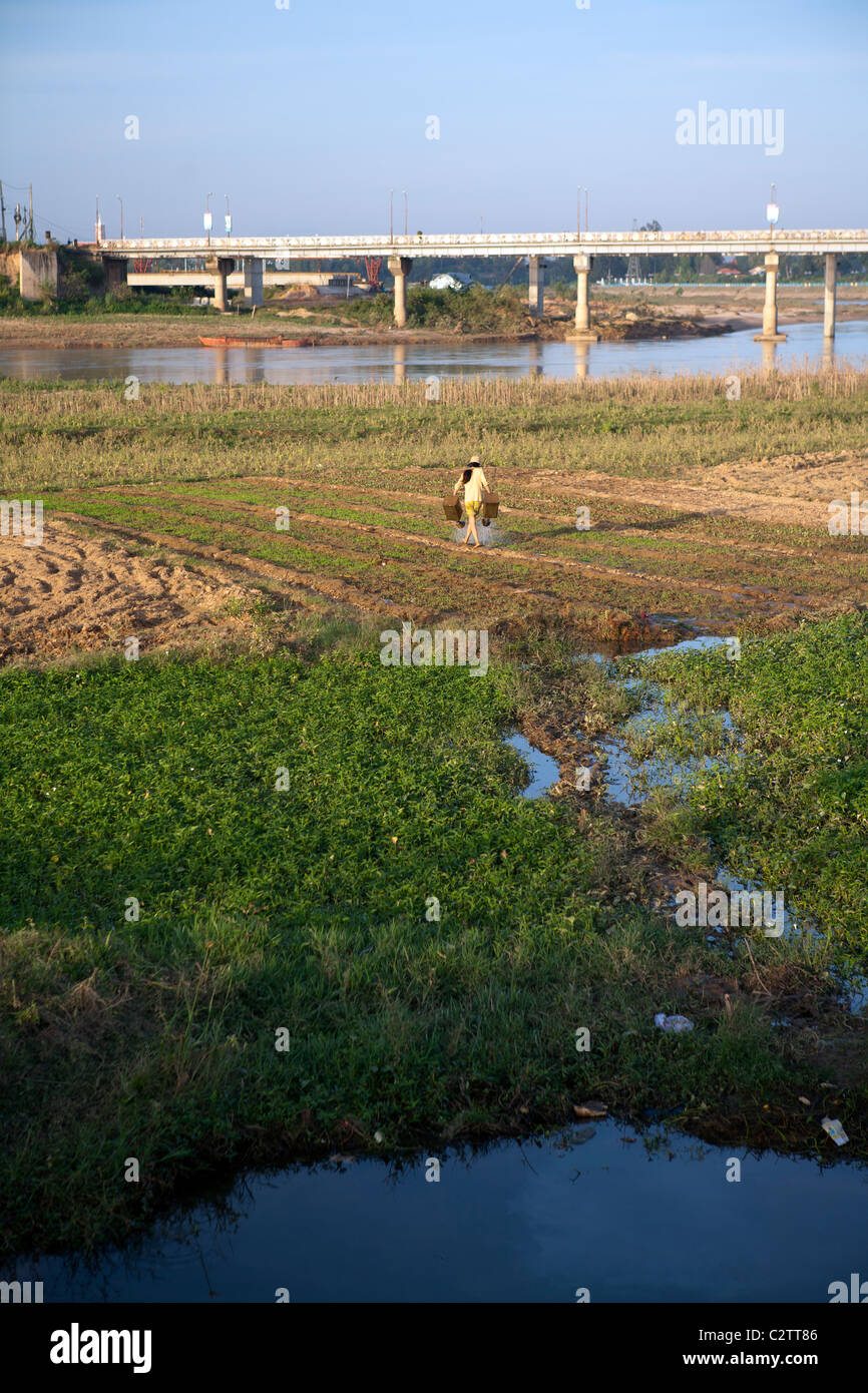 Bewässerung der Felder an den Ufern des Flusses Dakbla in Kon Tum Stockfoto