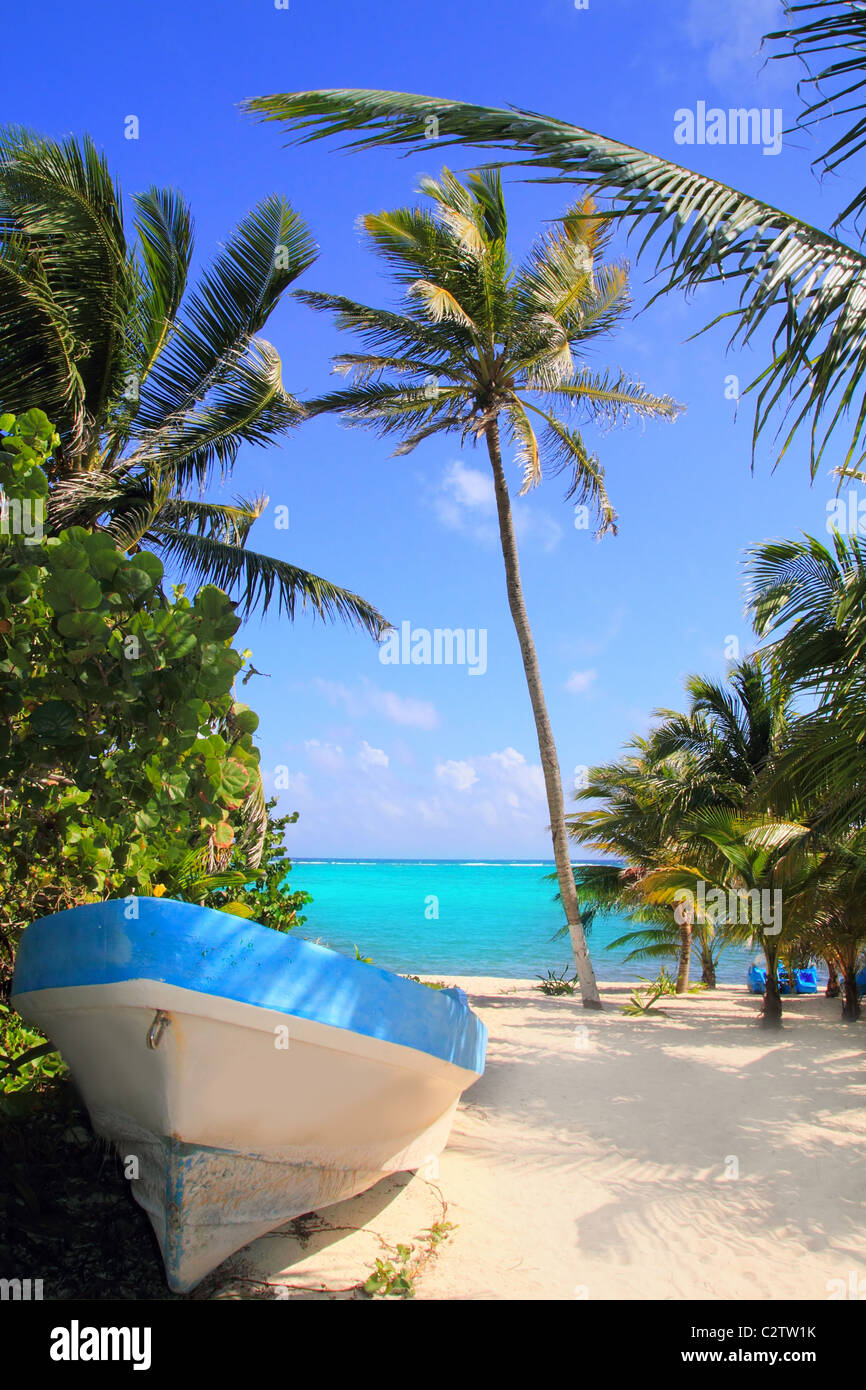 Karibik-tropischen Strand mit Boot gestrandet Riviera Maya Stockfoto