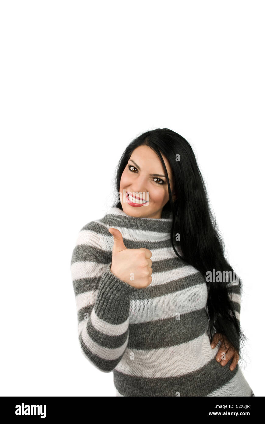 Porträt von schöne Brünette Frau mit einem großen Lächeln zeigt Daumen hoch Zeichen isoliert auf weißem Hintergrund und Textfreiraum Stockfoto