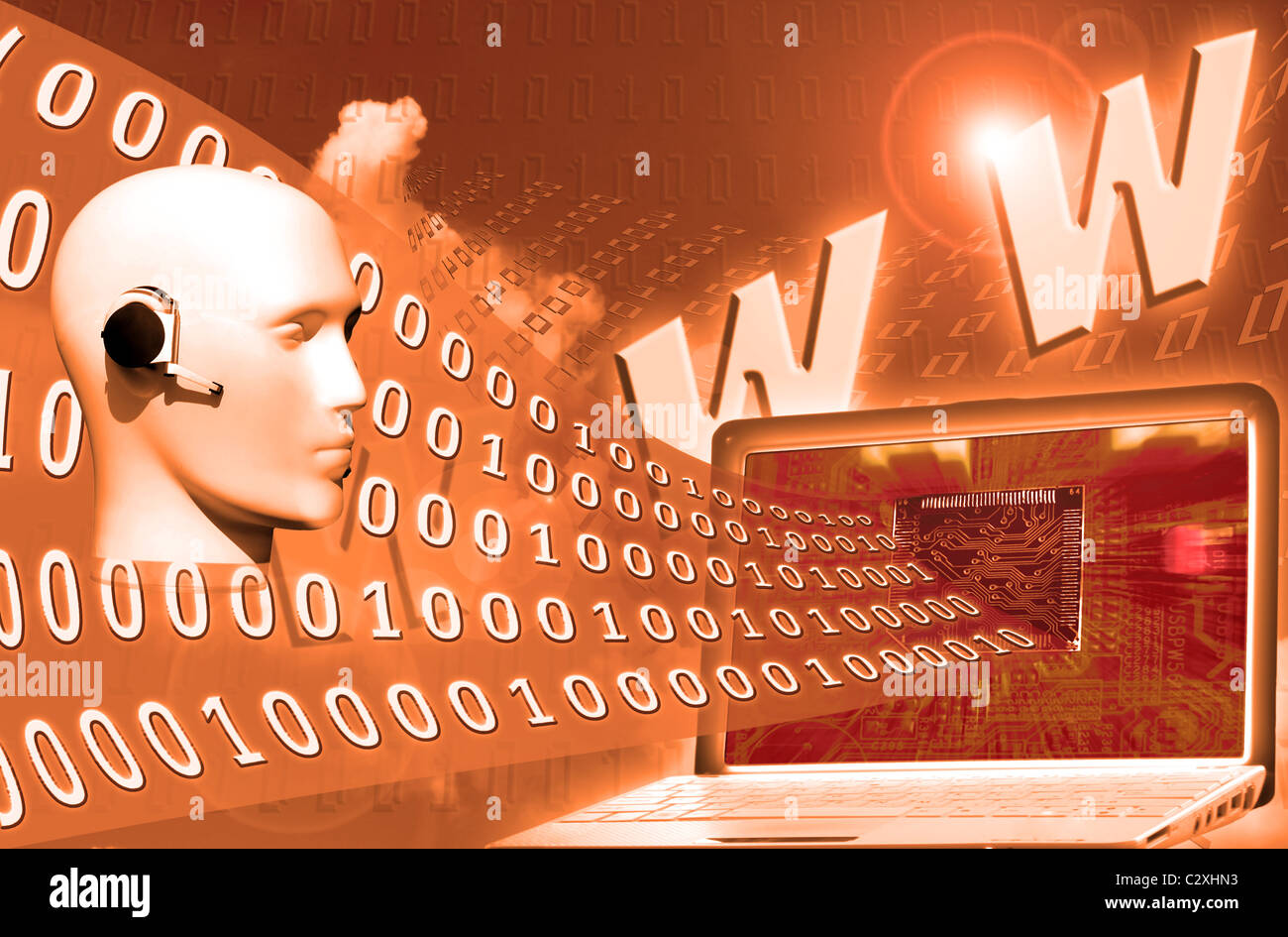 digitale Welt: Binärcode schweben auf Laptop Stockfoto