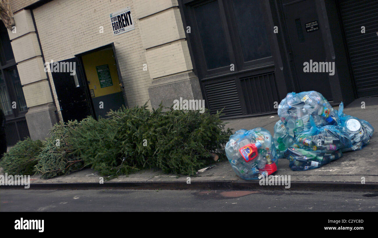Weihnachtsbäume und erlegten Recycleables auf Bordstein für die Abholung von Müll Schlepper Winkel Detritus Müll Müll Stockfoto