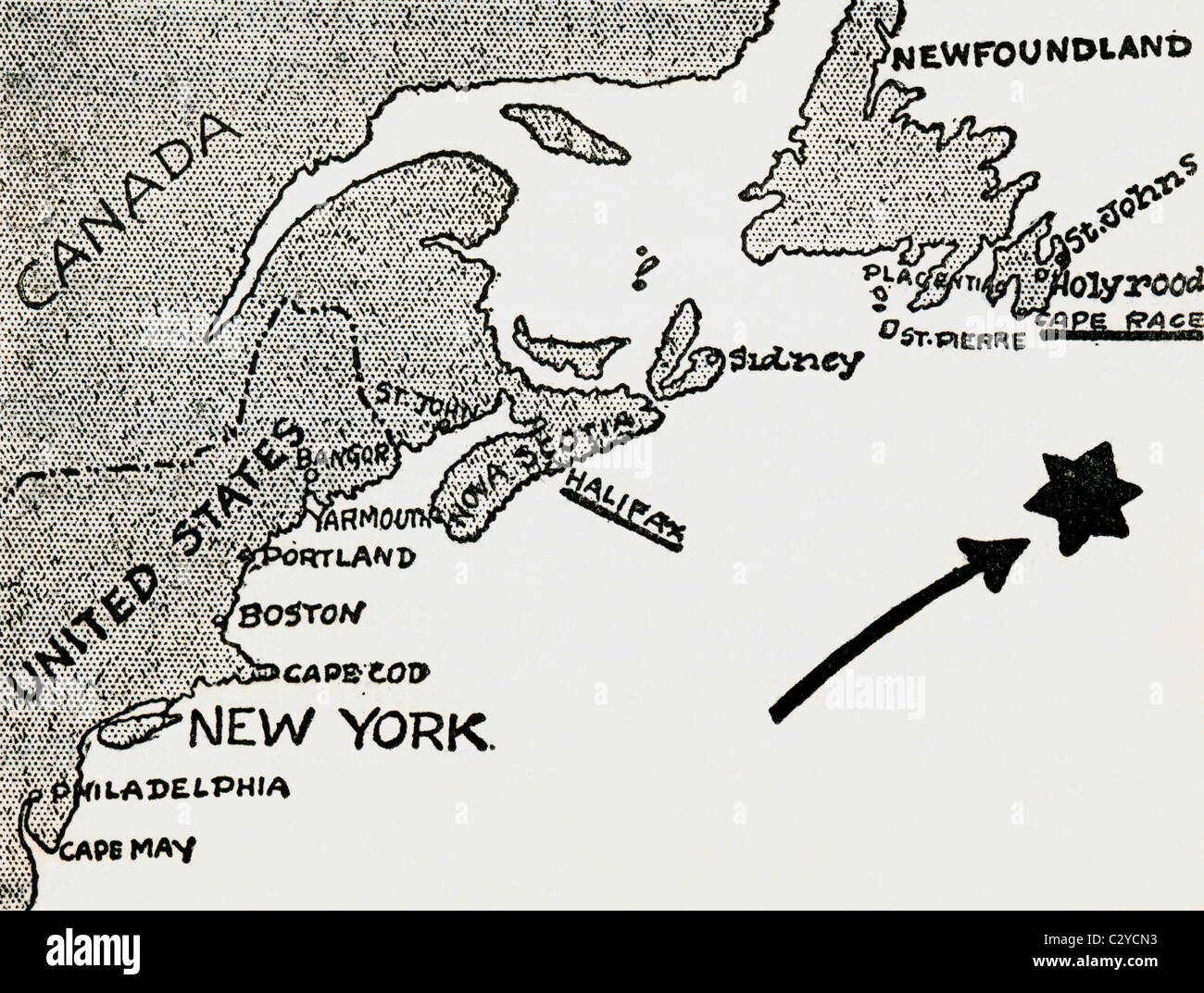 Karte der ungefähre Standort der Titanic-Katastrophe. Stockfoto