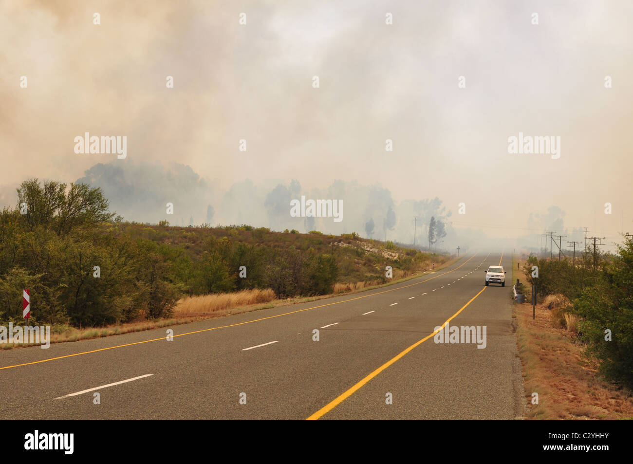 Buschfeuer, Straße, Autos, Rauch, Flammen, dunklen Himmel Stockfoto