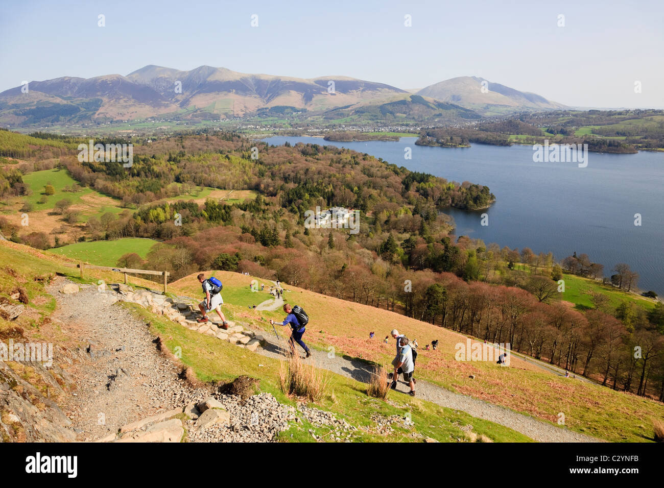 Menschen Wanderer Wandern auf dem Weg nach oben Catbells fiel mit einem Blick auf Derwentwater in Borrowdale im Lake District National Park Cumbria England Großbritannien Stockfoto
