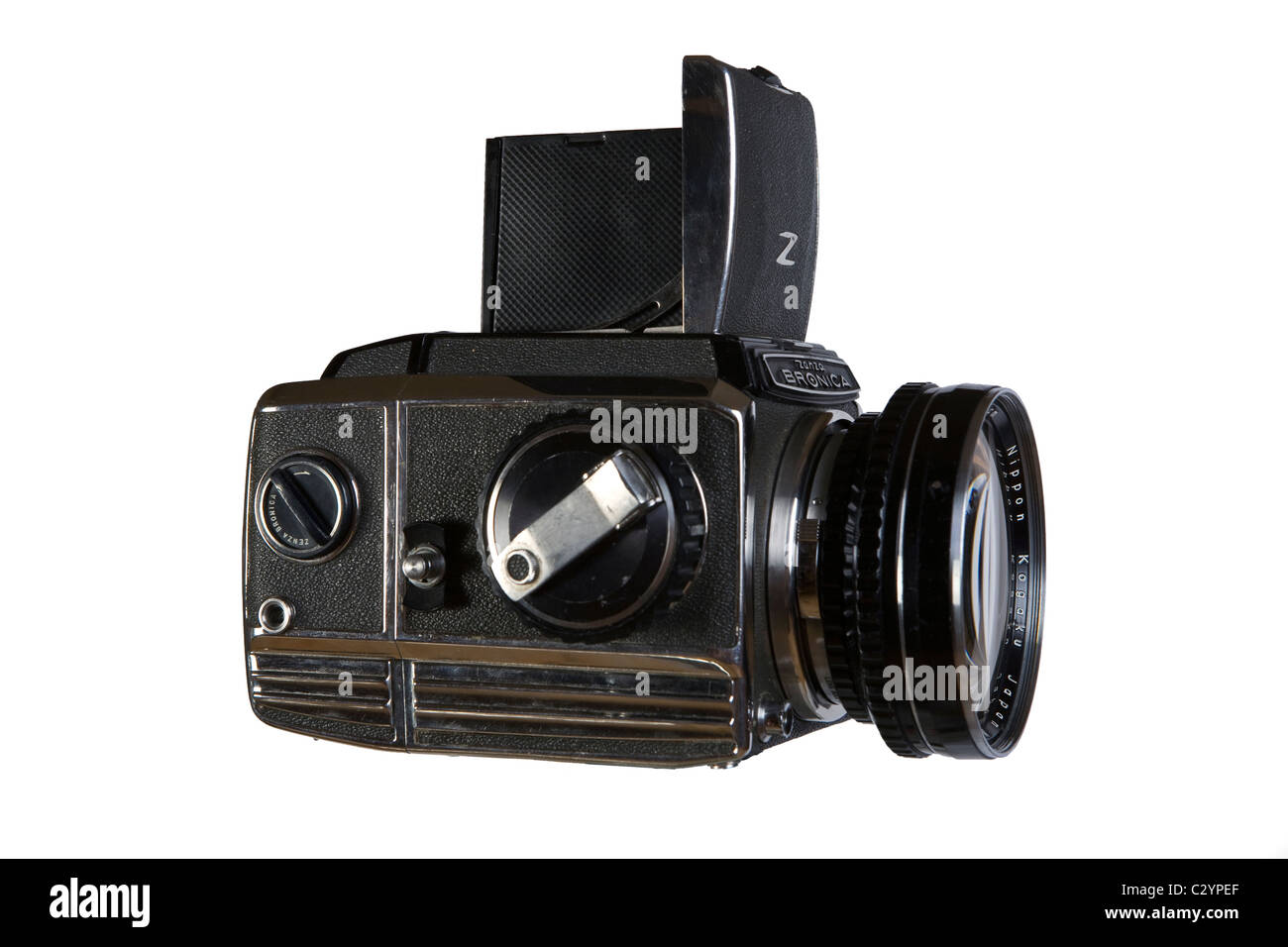 Alte Filmreflex 6x6 Mittelformat Fotokamera Zenza Bronica, Fotokamera auf weißem Hintergrund Stockfoto