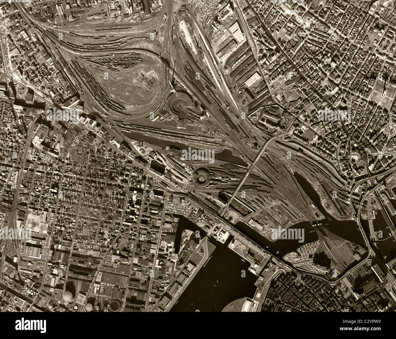 historische Luftaufnahme über Boston Massachusetts 1955 Stockfoto
