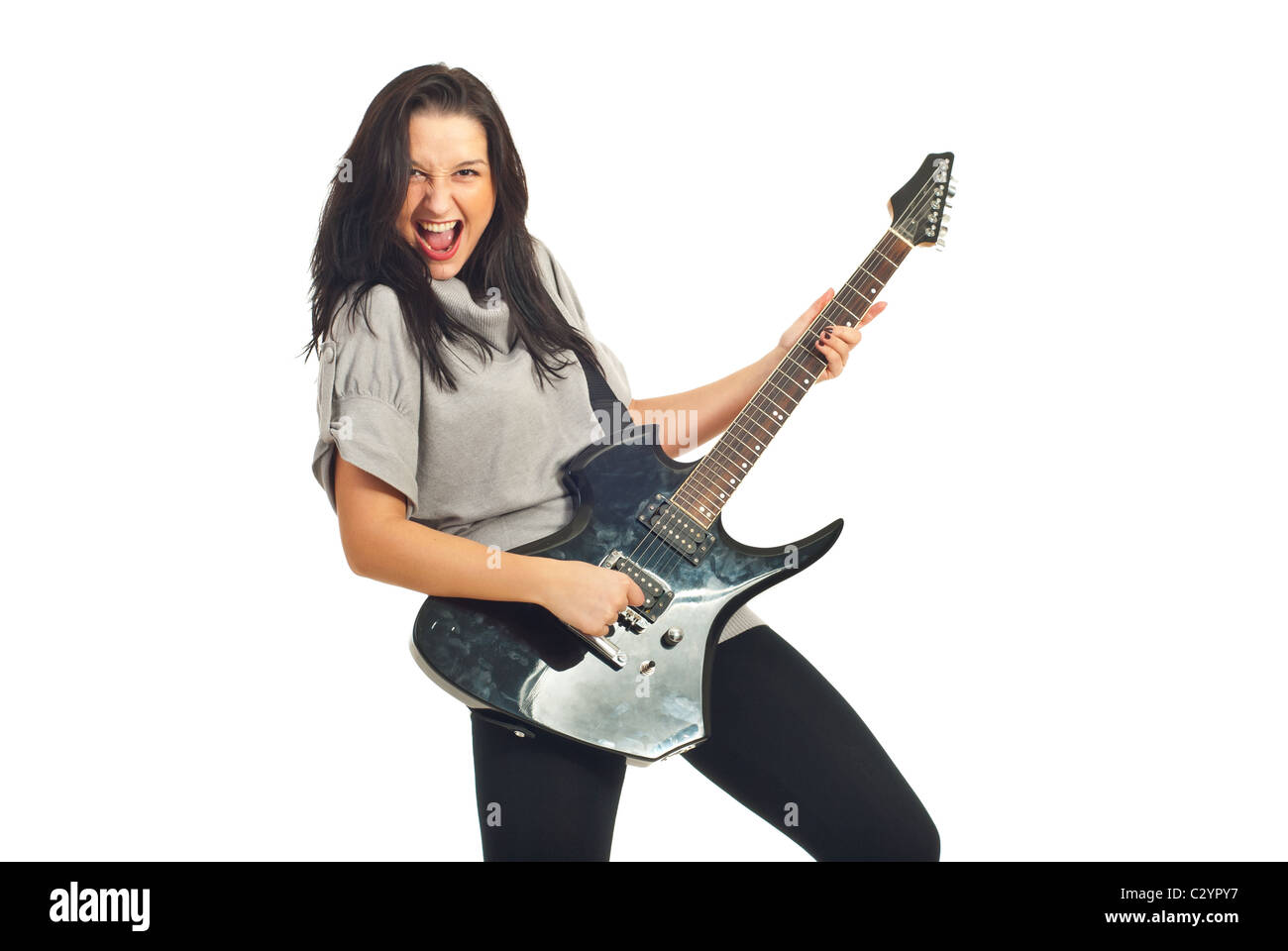 Gitarrist Frau singen Rockmusik isoliert auf weißem Hintergrund Stockfoto