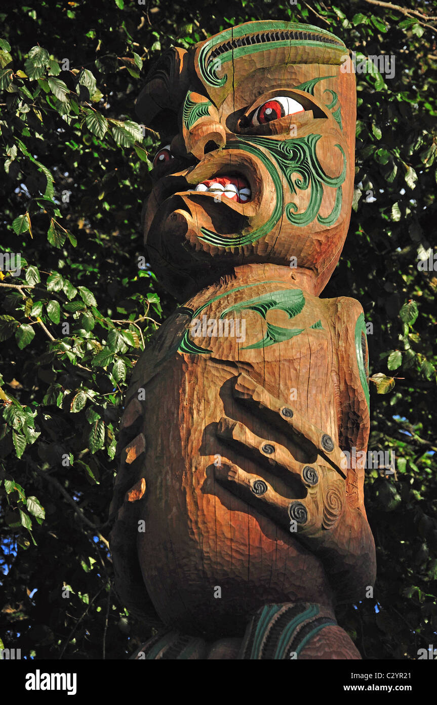 Maori carving, Leith Ort, Tokoroa, Waikato Region, Nordinsel, Neuseeland Stockfoto