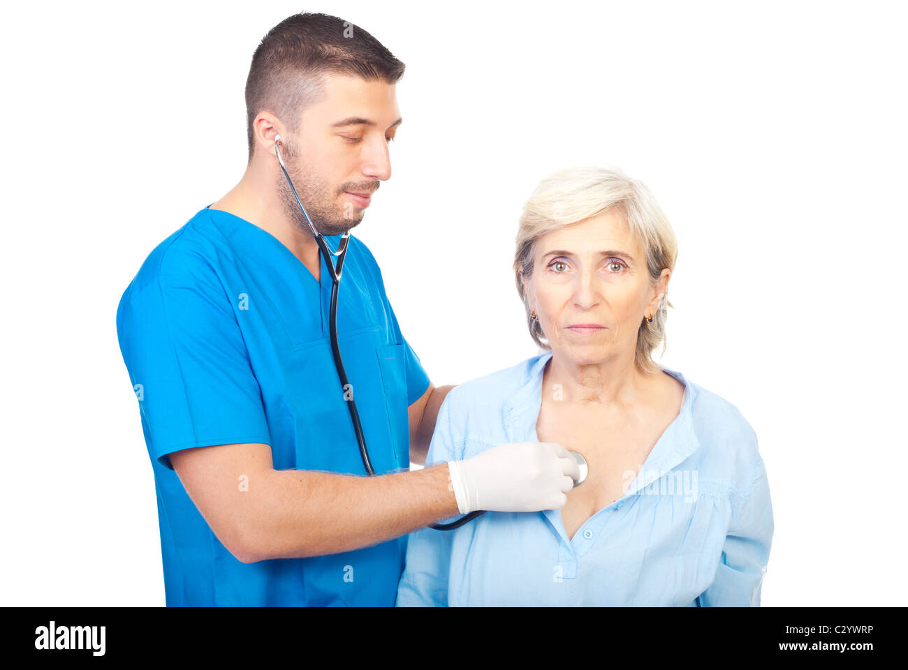 Arzt Mann bewerten senior Frau Patienten isoliert auf weißem Hintergrund Stockfoto