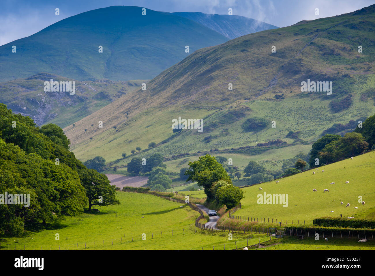 Auto fahren auf kurvenreichen Straße durch malerische Tal bei Llanfihangel, Snowdonia, Gwynedd, Wales Stockfoto