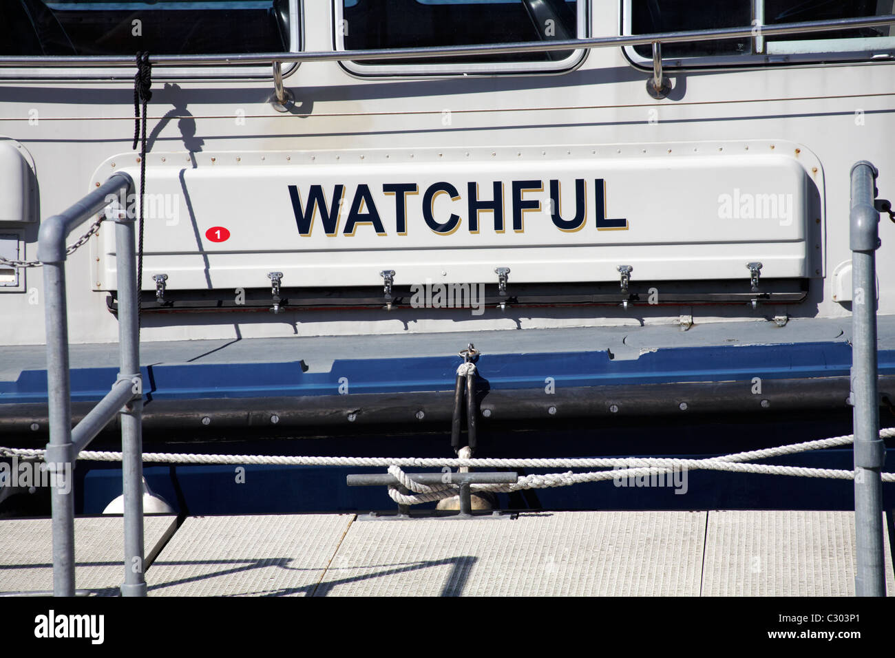 Wachsam - Teil des Bootes, Name des Bootes, Name des Bootes Stockfoto