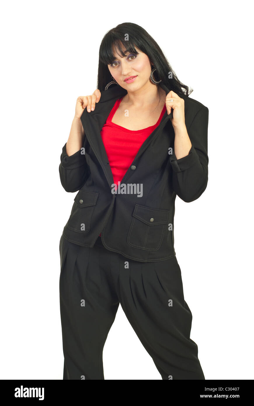 Schönheit Mitte adult Brünette Frau posiert im schwarzen Anzug isoliert auf weißem Hintergrund Stockfoto