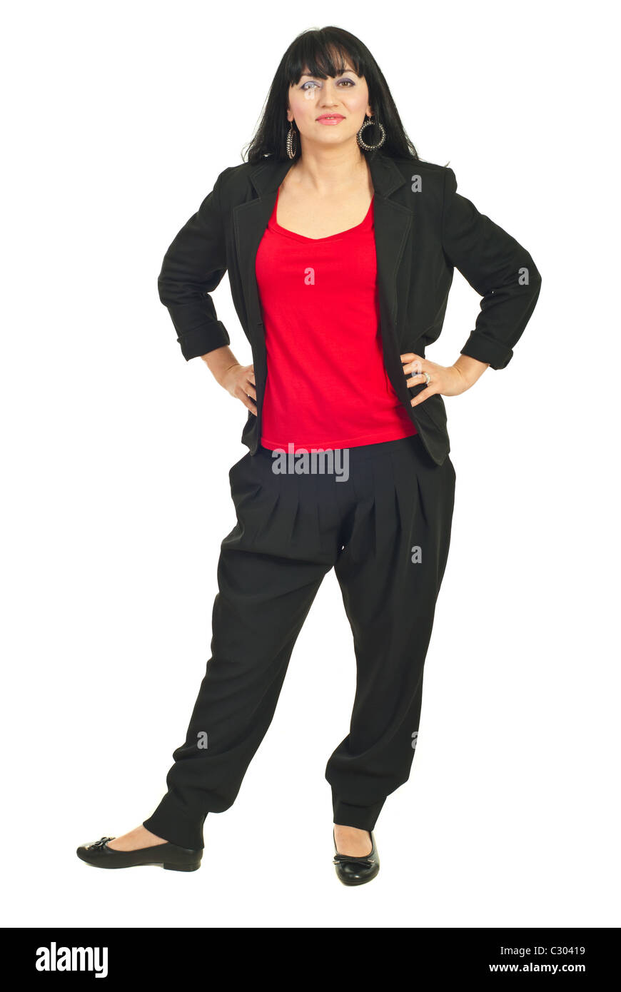 Voller Länge der Schönheit Mitte adult Business-Frau mit Haltung isoliert auf weißem Hintergrund Stockfoto