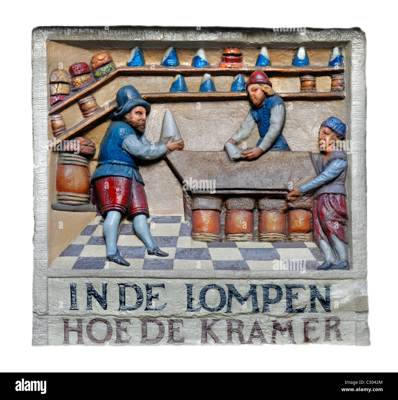 Amsterdam, Niederlande. Stone tablet (Gevelsteen) In De Lompen; auf Restaurant-Wand am Nieuwebrugsteeg 13 Stockfoto