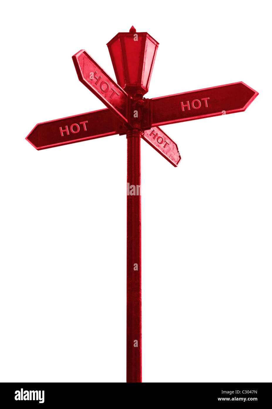 Rote Straße Zeiger mit Aufschrift Hot in alle Richtungen Stockfoto
