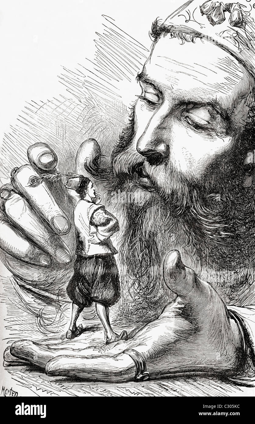 Der König von Brobdingnag Gulliver in die Handfläche der Hand hält. Illustration von Gullivers Reisen veröffentlicht c.1875 Stockfoto