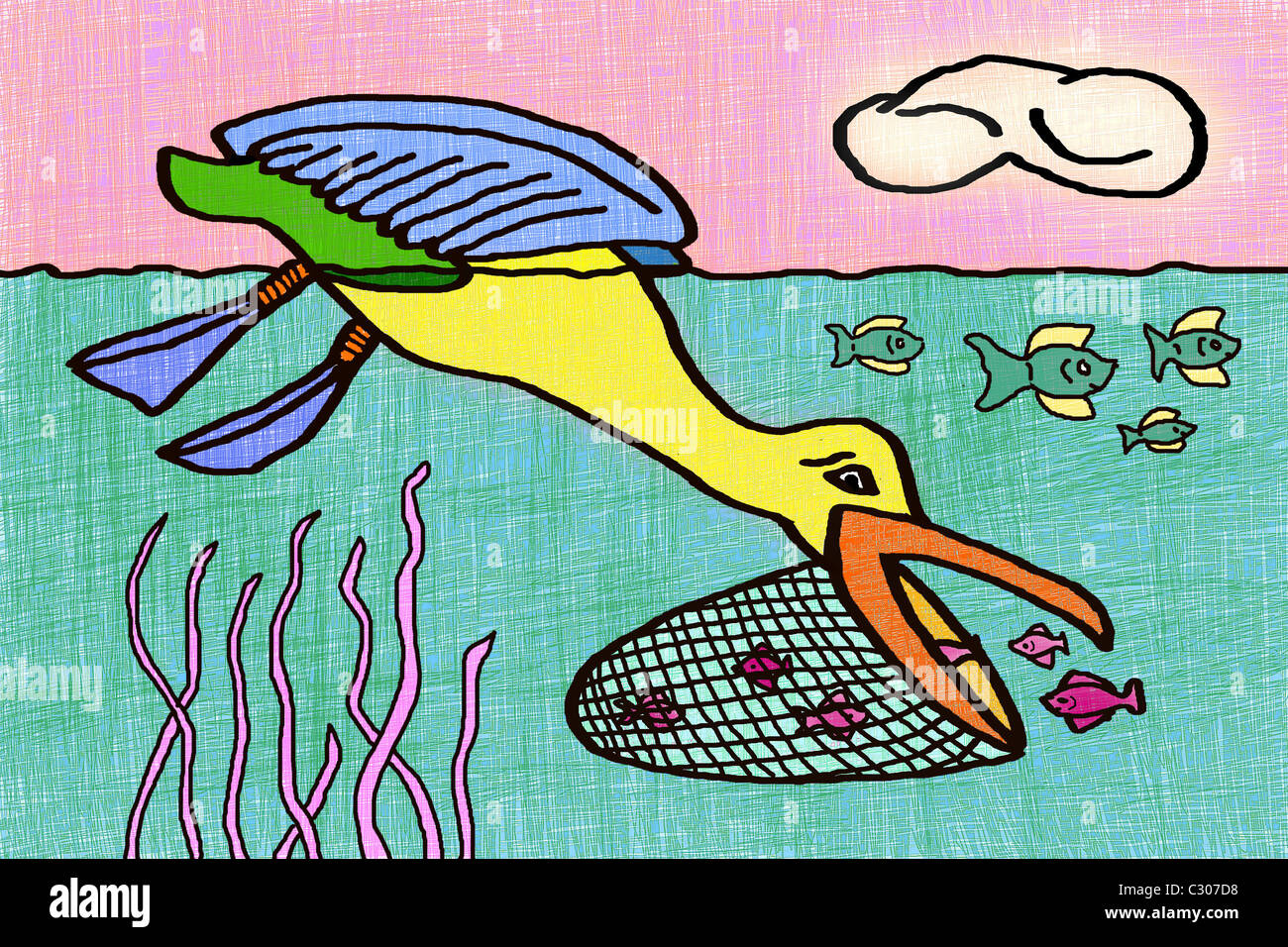Karikatur von Pelikan Fischen im Wasser mit Tasche von seinem Schnabel verwandelte sich in Netz Stockfoto