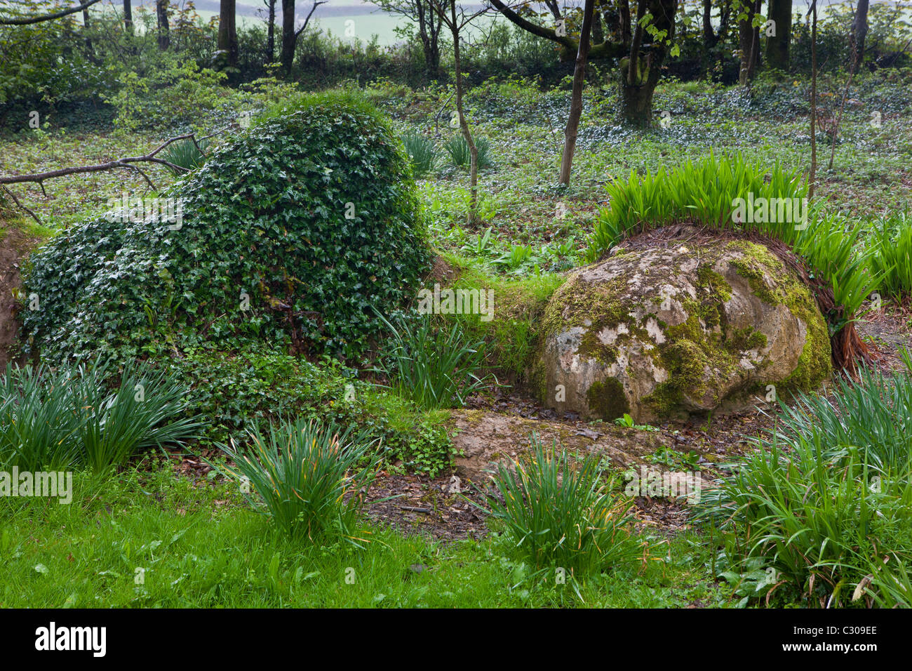 Mud Maid Erde Frau Skulptur aus Stein und Pflanzen an die verlorenen Gärten von Heligan Touristenattraktion, Cornwall, England Stockfoto