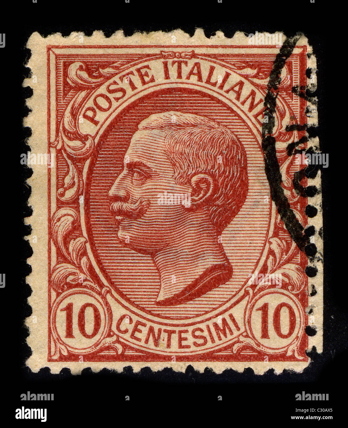 Italien-ca. 1906:A Stempel gedruckt in Italien zeigt Bild von Victor Emmanuel III (Italienisch: Vittorio Emanuele III, 11. November 1869 - 28. Dezember 1947) war ein Mitglied des Hauses Savoyen und König von Italien (29. Juli 1900 - 9. Mai 1946), ca. 1906. Stockfoto