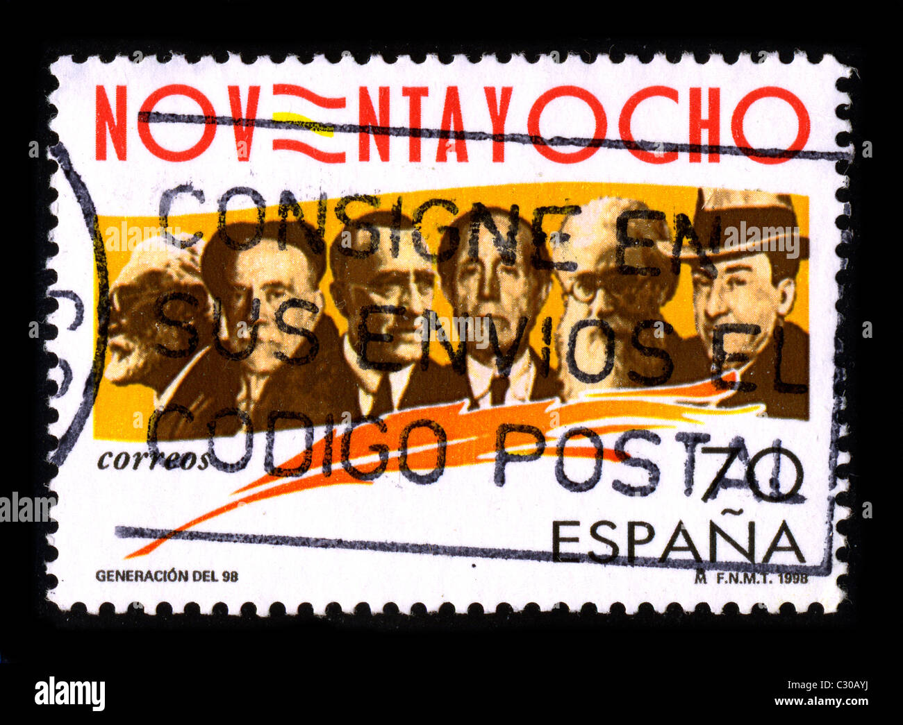 Spanien-ca. 1998:A Stempel gedruckt in Spanien zeigt Bild der Generation von 98 war eine Gruppe von Schriftsteller, Dichter, Essayisten und Philosophen aktiv in Spanien zur Zeit des Spanisch-Amerikanischen Krieg (1898), ca. 1998. Stockfoto