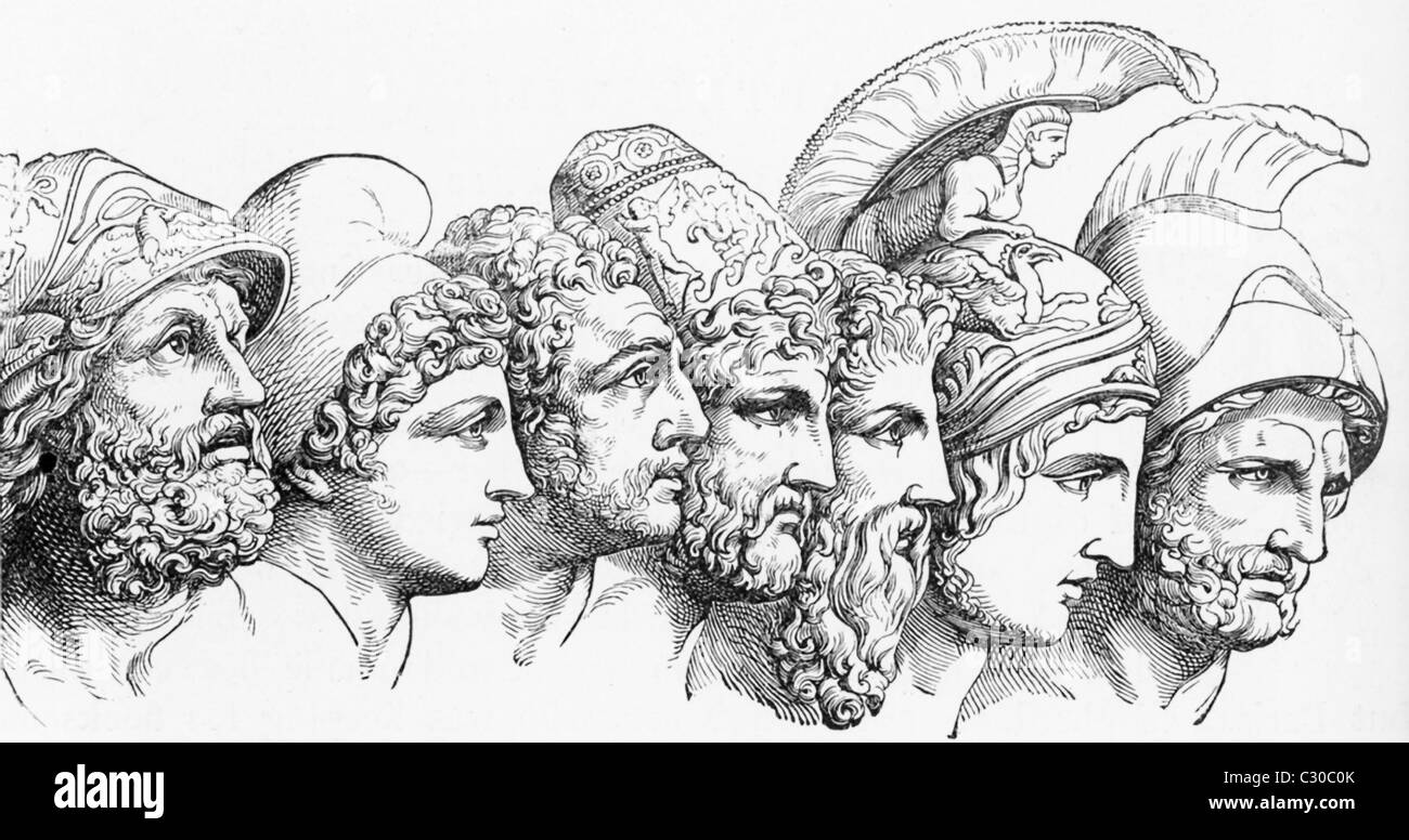 Helden des Trojanischen Krieges: Menelaos, Paris, Diomedes, Odysseus, Nestor, Achilles, Agamemnon Stockfoto