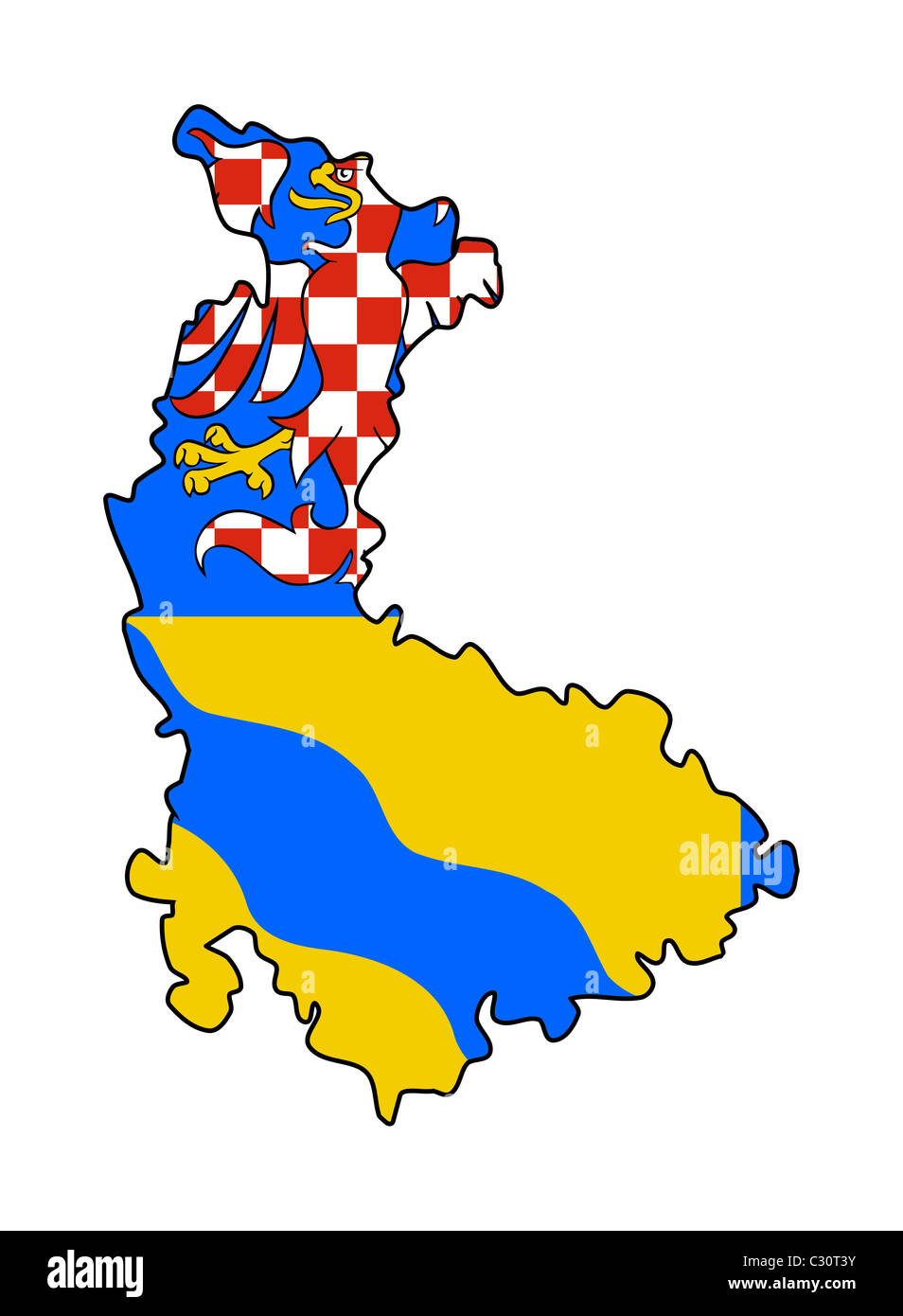 Flagge der Olomouc Region der Tschechischen Republik auf Karte; isoliert auf weißem Hintergrund. Stockfoto