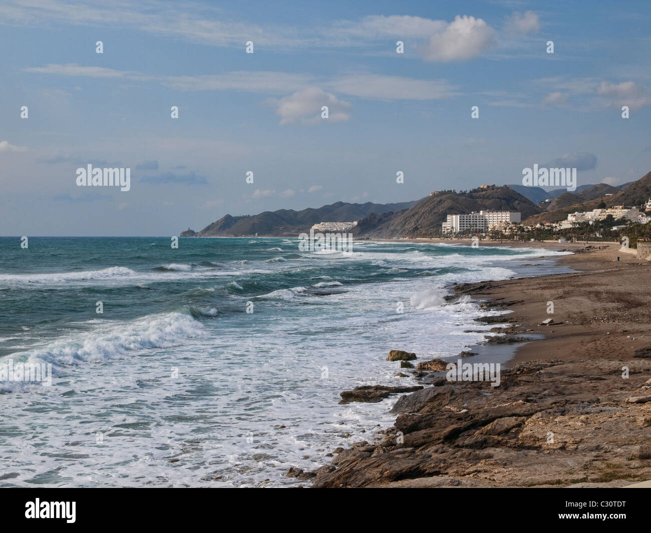 Strand von Pueblo Indalo, Mojácar, Almeria (Spanien) Stockfoto