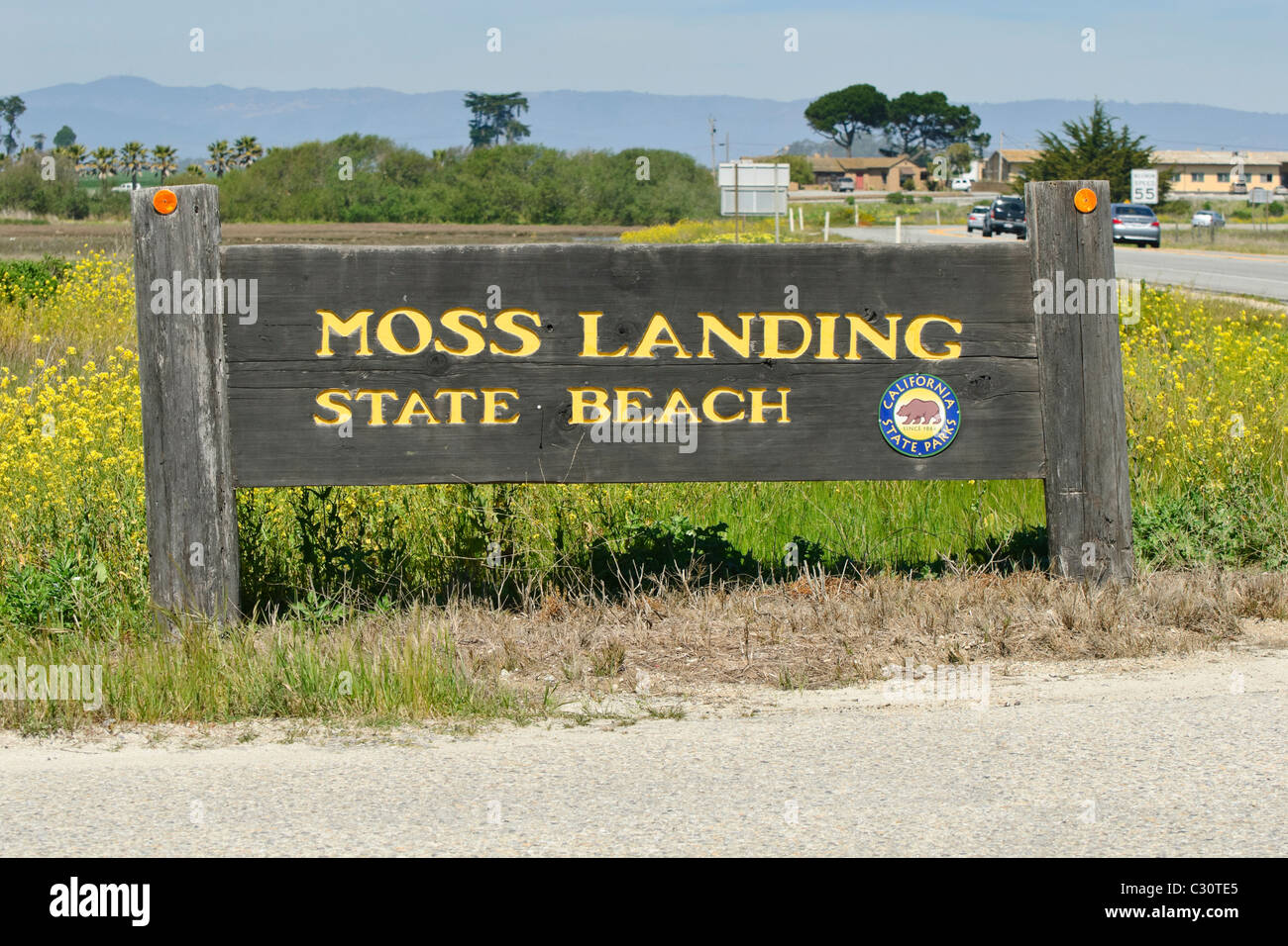 Moss landing State Beach Zeichen. Das Hotel liegt in Monterey County, Kalifornien. Stockfoto