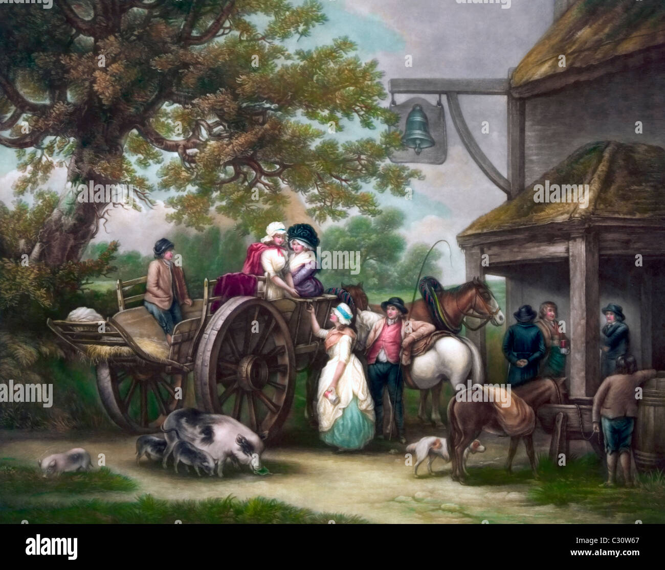 Die Markt-Cart - Gruppe von Menschen rund um Markt Wagen, Pferde, Schweine und Hund vor Inn, ca. 1800 Stockfoto