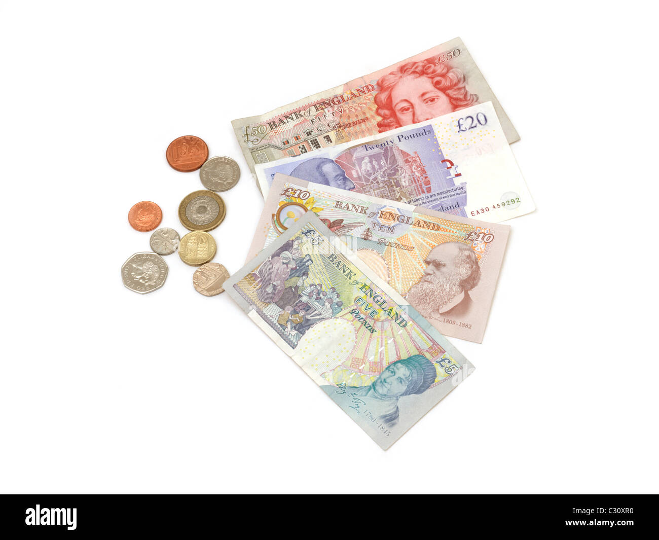 Sterling-Banknoten und-Münzen £5, £10, £20, £50 und 1 Cent, 2 Cent, 5 Cent, 10 Cent, 20 Cent, 50 Pence, £1 Münze und £2 Münze Stockfoto