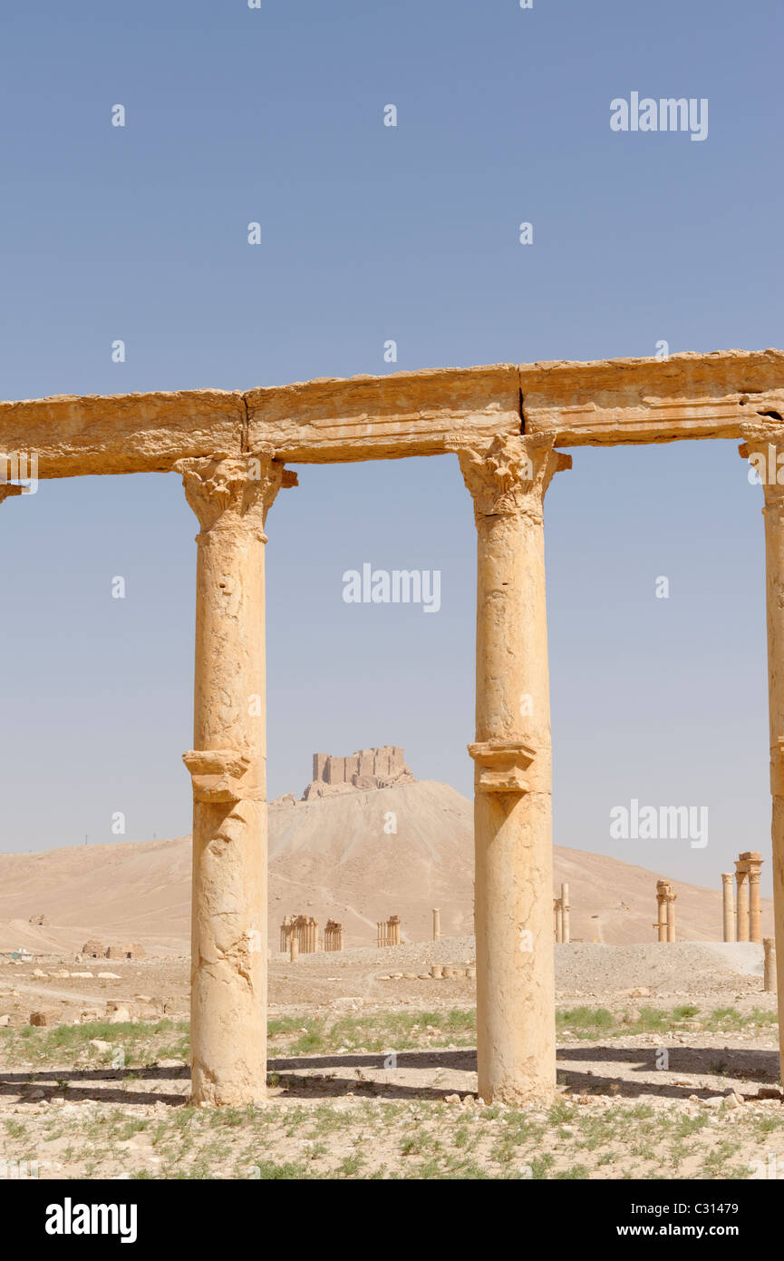 Säulen und Arkaden säumen die zweite quer-Strasse mit arabischen Höhenburg in der Ferne. Palmyra-Syrien. Stockfoto