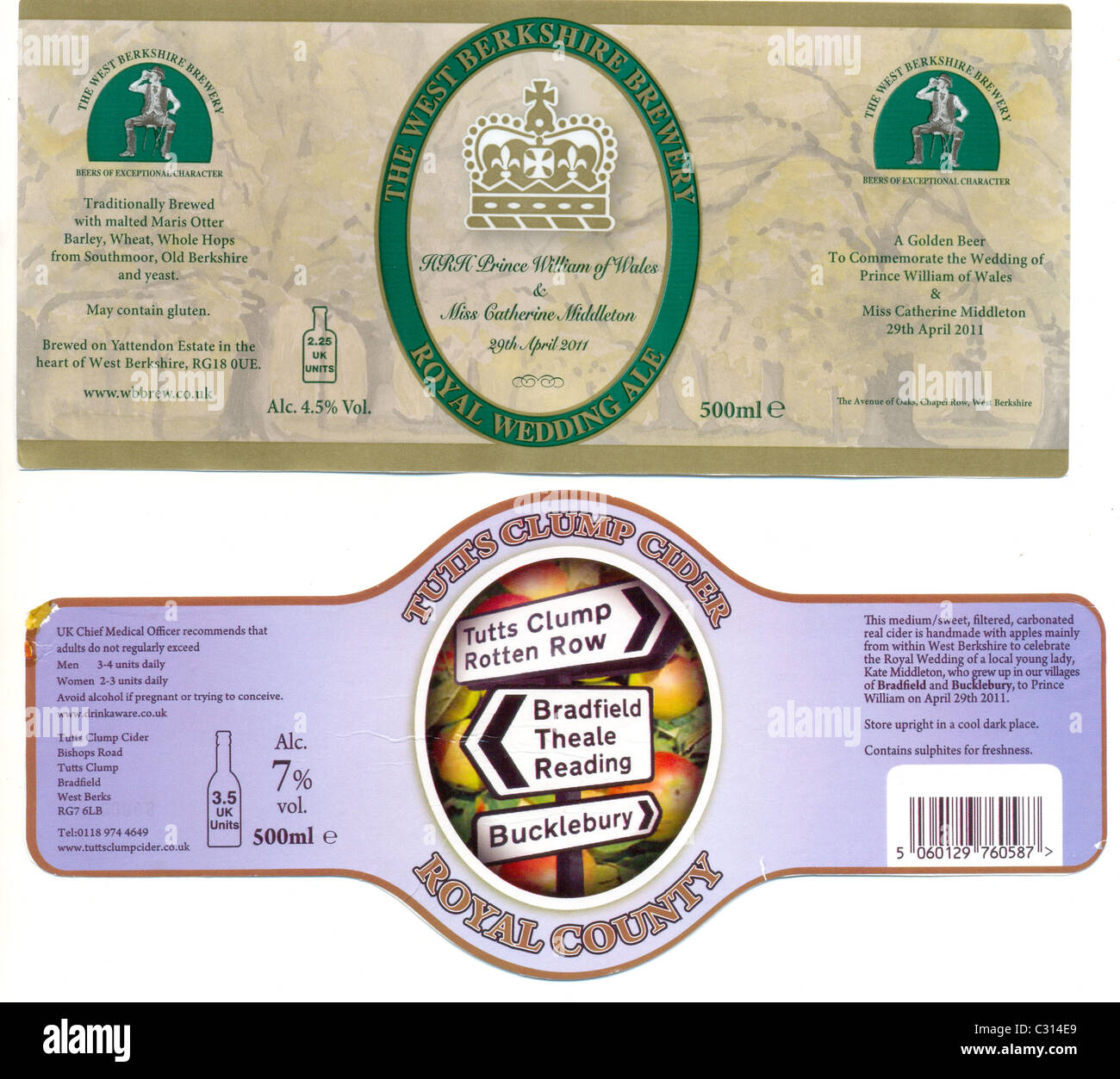 Etiketten für spezielle Berkshire Biere von Apfelwein und Ale, die königliche Hochzeit zu feiern Stockfoto
