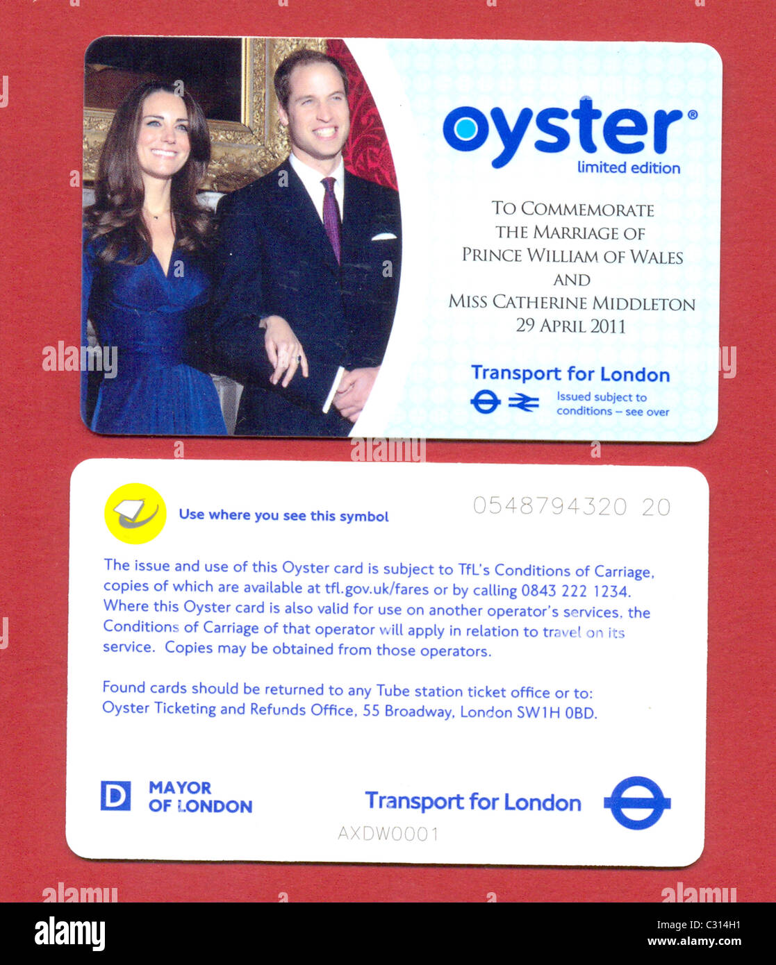 Limitierte Auflage-Oyster-Card zum Gedenken an die Hochzeit von Prinz William von Wales und Miss Catherine Middleton Stockfoto