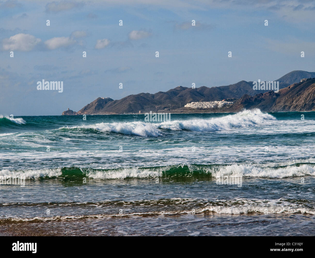 Strand von Pueblo Indalo, Mojácar, Almeria (Spanien) Stockfoto