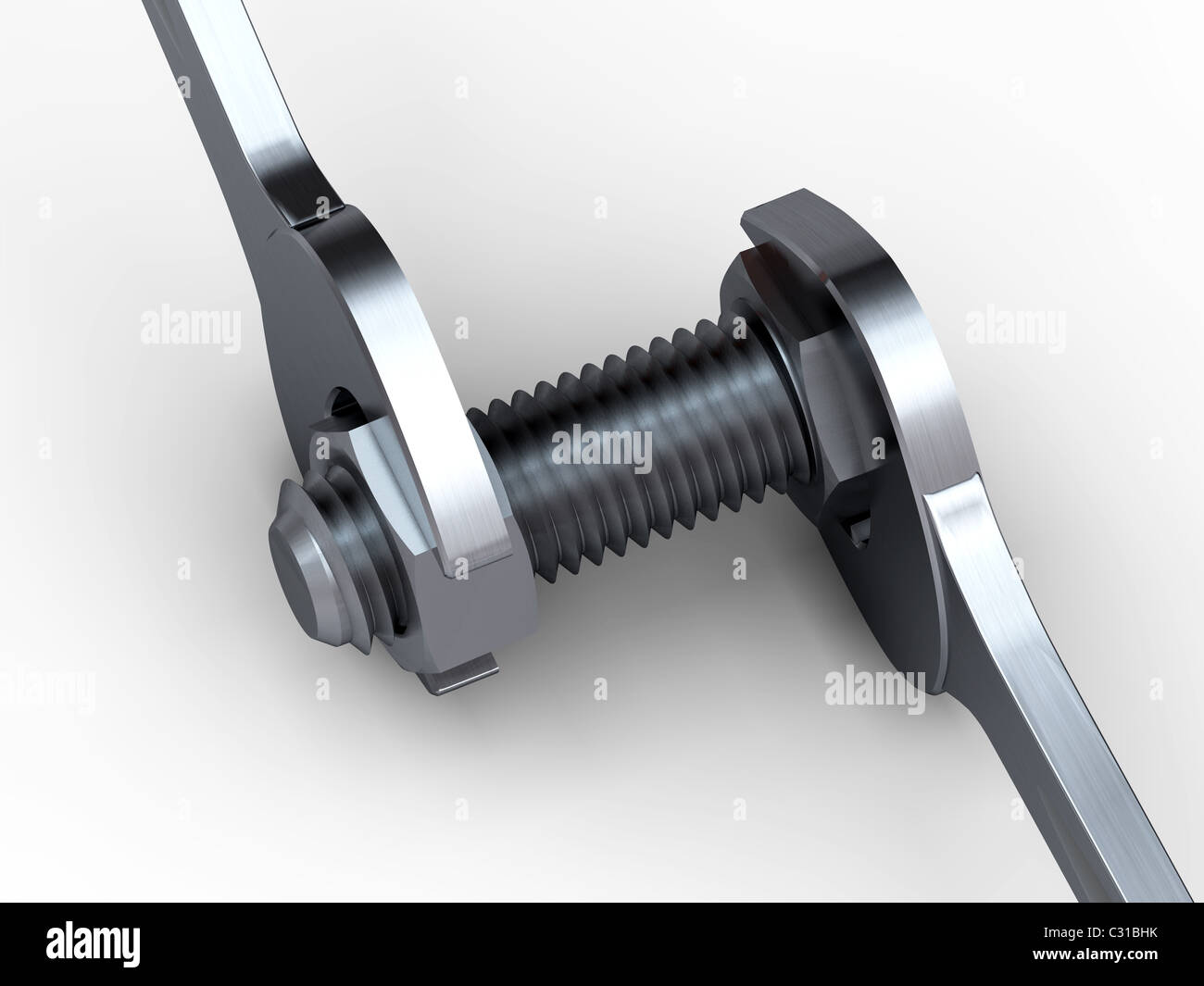 3D-Rendering Schraubenschlüssel und Nüssen auf weißem Hintergrund Stockfoto