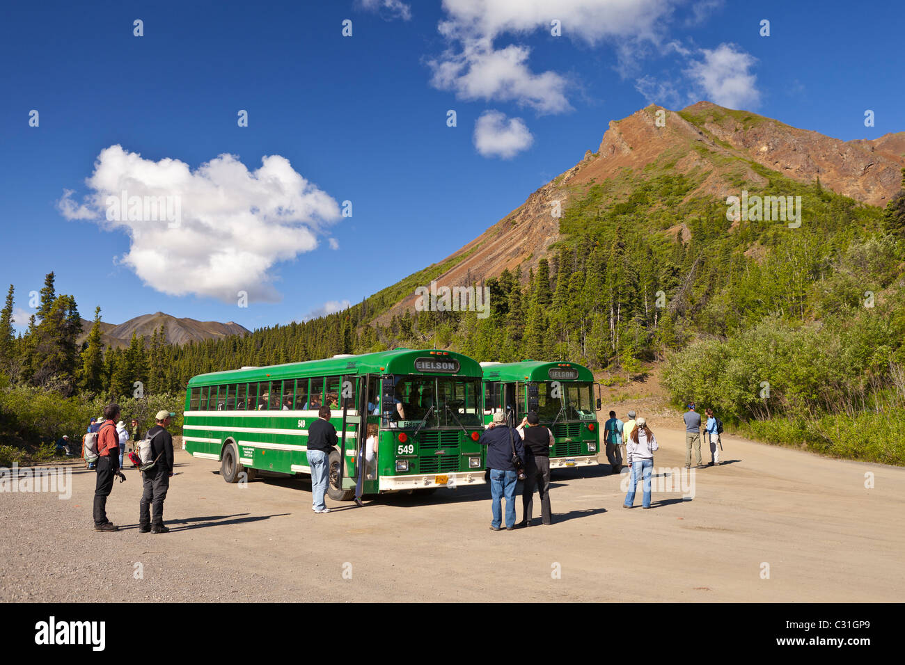 ALASKA, USA - Busse und Touristen im Denali National Park. Stockfoto