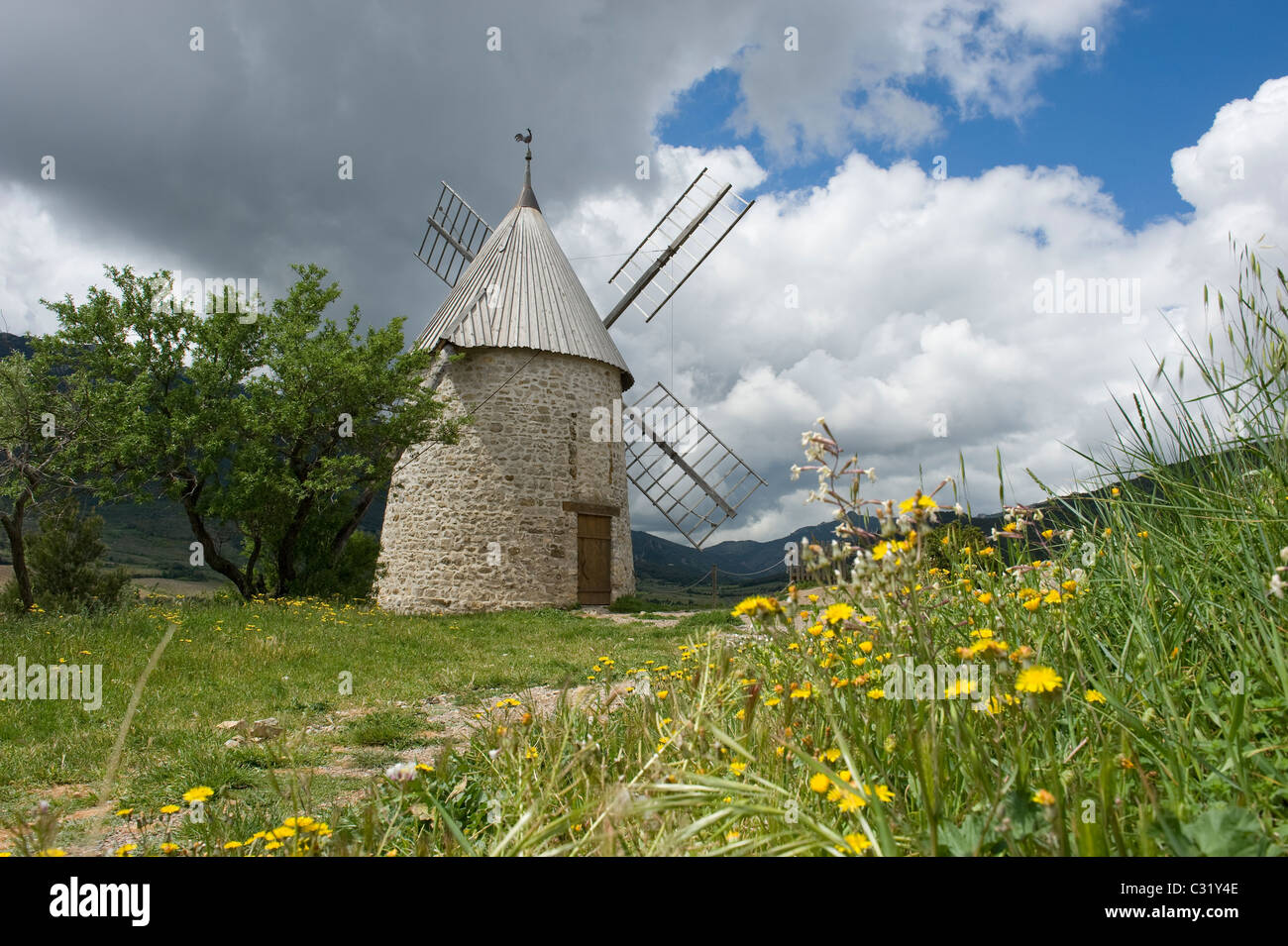 "Moulin d'Omer" im Dorf Cucugnan in Französisch Corbières wurde durch Alphonse Daudets Lettres aus meiner Mühle berühmt Stockfoto