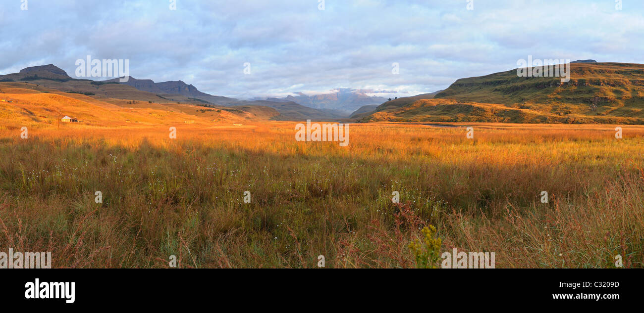 Panoramablick auf das Mweni-Tal in der Morgendämmerung, uKhahlamba Nationalpark Drakensberg Kwazulu-Natal, Südafrika Stockfoto