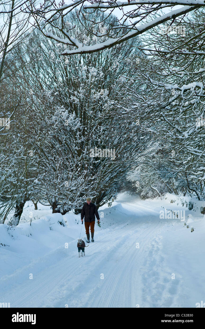 Mann zu Fuß Hund im Schnee bedeckten Lane bei Swinbrook in Cotswolds Stockfoto