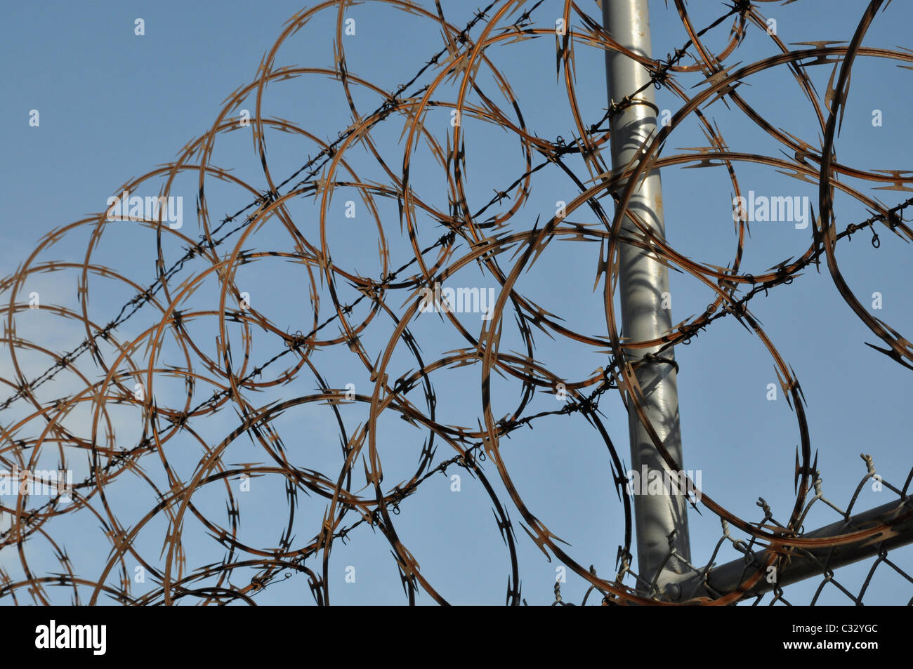 Stacheldraht vor blauem Himmelshintergrund Stockfoto